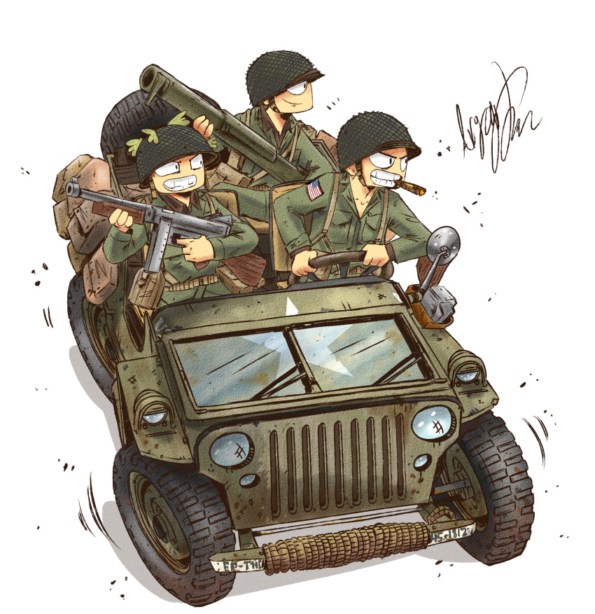 3boys american_flag arjay-the-lionheart belt canteen car cigar collared_shirt driving english_commentary from_above green_shirt ground_vehicle gun helmet highres holding holding_gun holding_weapon jeep long_sleeves looking_to_the_side m1_bazooka m1_helmet male_focus military military_helmet military_jacket military_uniform military_vehicle motor_vehicle multiple_boys open_collar open_mouth pocket pouch rocket_launcher rope shirt signature simple_background smoking soldier steering_wheel submachine_gun teeth thompson_submachine_gun toon_(style) uniform united_states_army weapon white_background world_war_ii