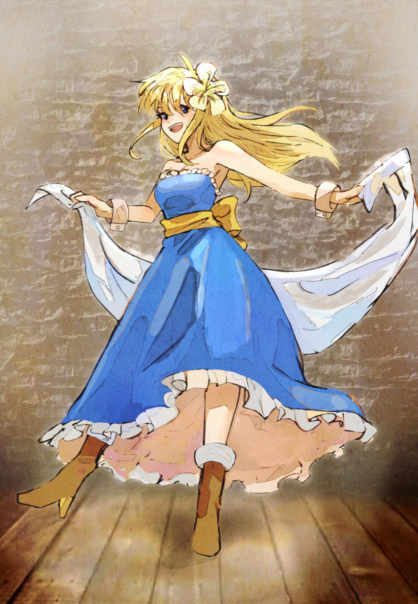 1girl bare_shoulders blonde_hair blue_eyes breasts dress full_body gensou_suikoden gensou_suikoden_i hair_ornament highres korunosabu long_hair looking_at_viewer mina_(suikoden) open_mouth photo_background smile solo