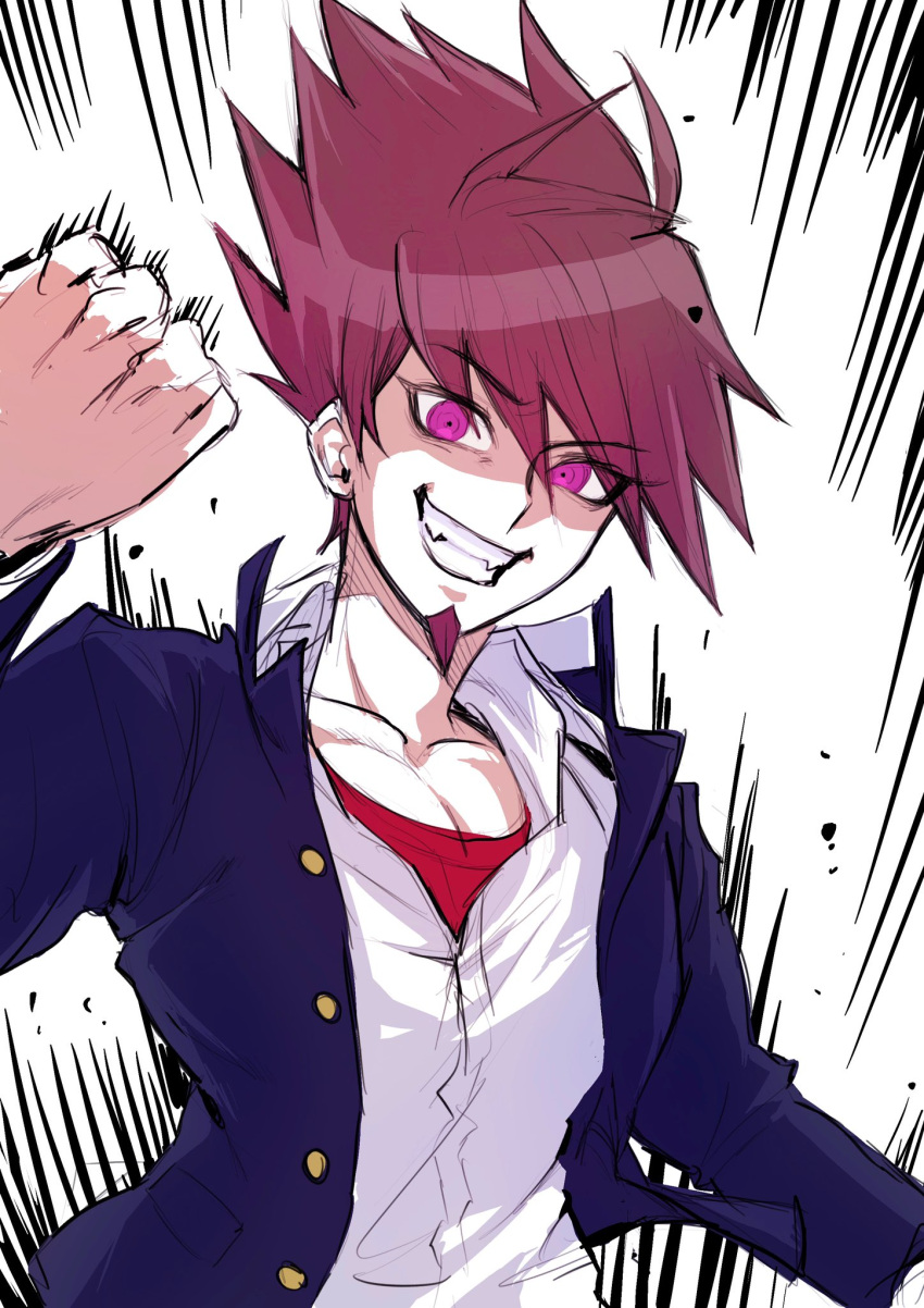 1boy bangs blue_jacket clenched_hand clenched_teeth collarbone danganronpa_(series) danganronpa_v3:_killing_harmony fangs grin hand_up highres jacket long_sleeves male_focus medium_hair momota_kaito open_clothes open_jacket pink_eyes pink_hair red_shirt shirt smile solo spiky_hair teeth ttegi_(ddeck_dg) upper_body white_background white_shirt