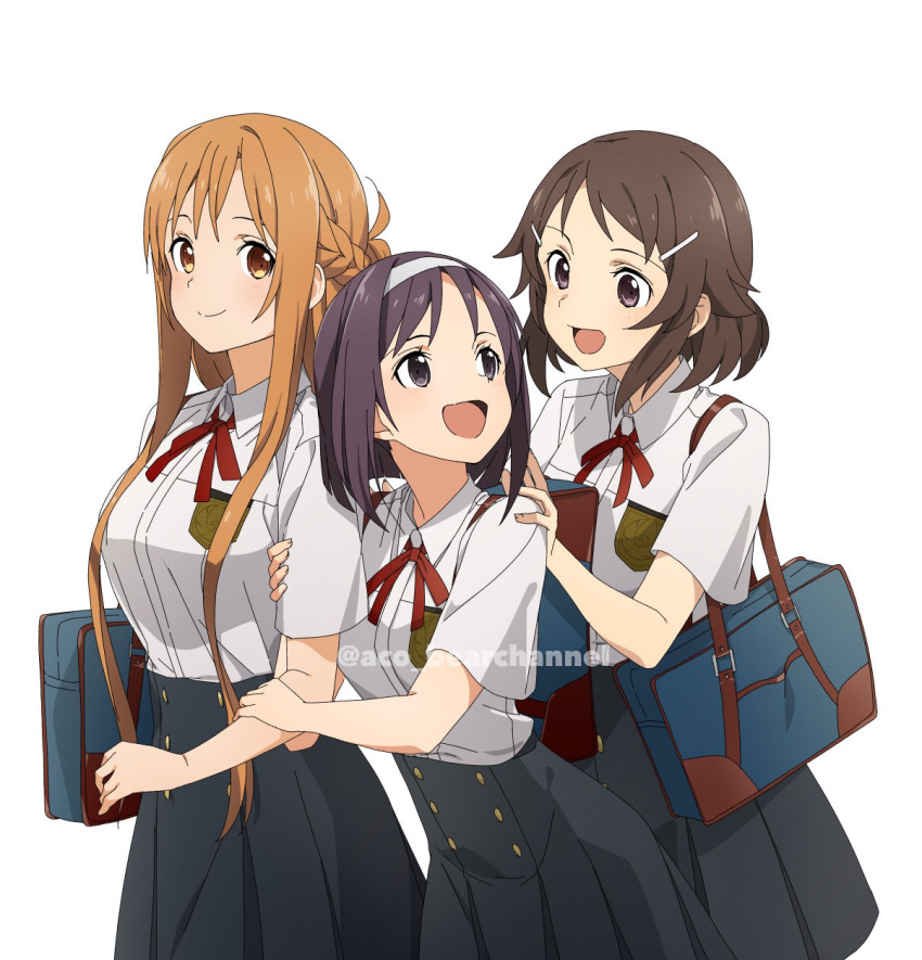 3girls :d aco_(bearchannel) arm_grab asuna_(sao) bag black_eyes black_skirt breast_pocket brown_eyes brown_hair character_request closed_mouth collared_shirt dress_shirt eye_contact freckles hand_on_another's_shoulder high-waist_skirt highres konno_yuuki_(sao) lisbeth_(sao) long_hair looking_at_another medium_hair multiple_girls neck_ribbon open_mouth pleated_skirt pocket red_ribbon ribbon school_bag school_uniform shiny shiny_hair shirt short_sleeves simple_background skirt smile standing sword_art_online twitter_username very_long_hair watermark white_background white_shirt wing_collar
