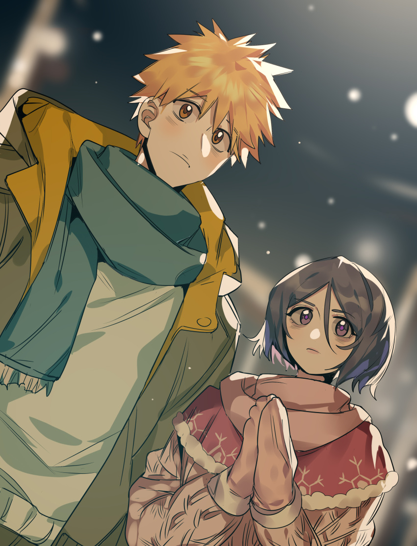 1boy 1girl absurdres black_hair bleach blue_scarf brown_eyes capelet closed_mouth coat hair_between_eyes highres kuchiki_rukia kurosaki_ichigo orange_hair outdoors own_hands_together pink_mittens pink_scarf pink_sweater red_capelet scarf short_hair snowing spiky_hair sweater upper_body violet_eyes white_sweater winter winter_clothes winter_coat xi_luo_an_ya