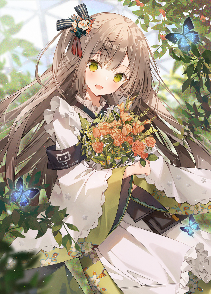 1girl apron armband bangs bouquet brown_hair bug butterfly cowboy_shot floral_print flower frilled_apron frills girls'_frontline_neural_cloud green_eyes green_kimono hair_flower hair_ornament hairclip highres holding holding_bouquet japanese_clothes kimono long_hair long_sleeves looking_at_viewer open_mouth sakuya_(girls'_frontline_nc) smile solo weri wide_sleeves