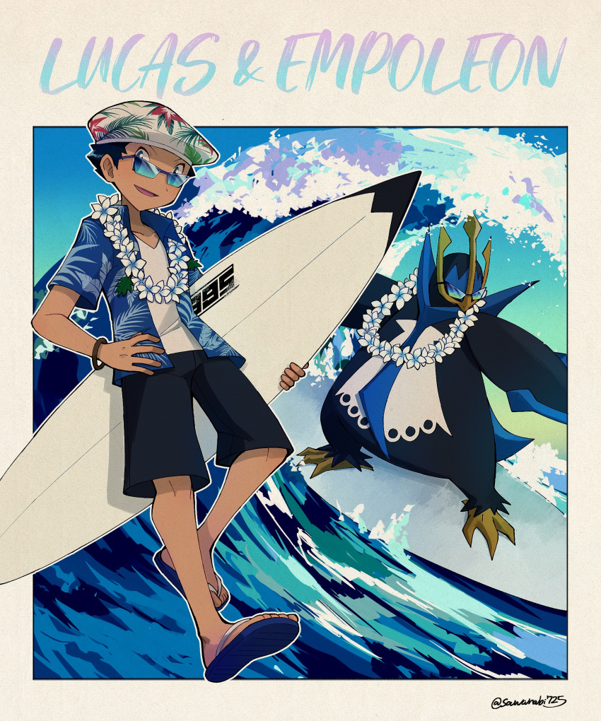 1boy :d absurdres black_hair black_shorts blue-tinted_eyewear blue_eyes blue_shirt bracelet character_name collarbone collared_shirt dress_shirt empoleon floral_print hand_on_hip hawaiian_shirt highres jewelry looking_over_eyewear lucas_(pokemon) open_clothes open_shirt pokemon pokemon_(creature) pokemon_(game) pokemon_dppt print_headwear sawarabi_(sawarabi725) shiny shiny_hair shirt short_hair shorts smile sunglasses tinted_eyewear twitter_username white_shirt wing_collar