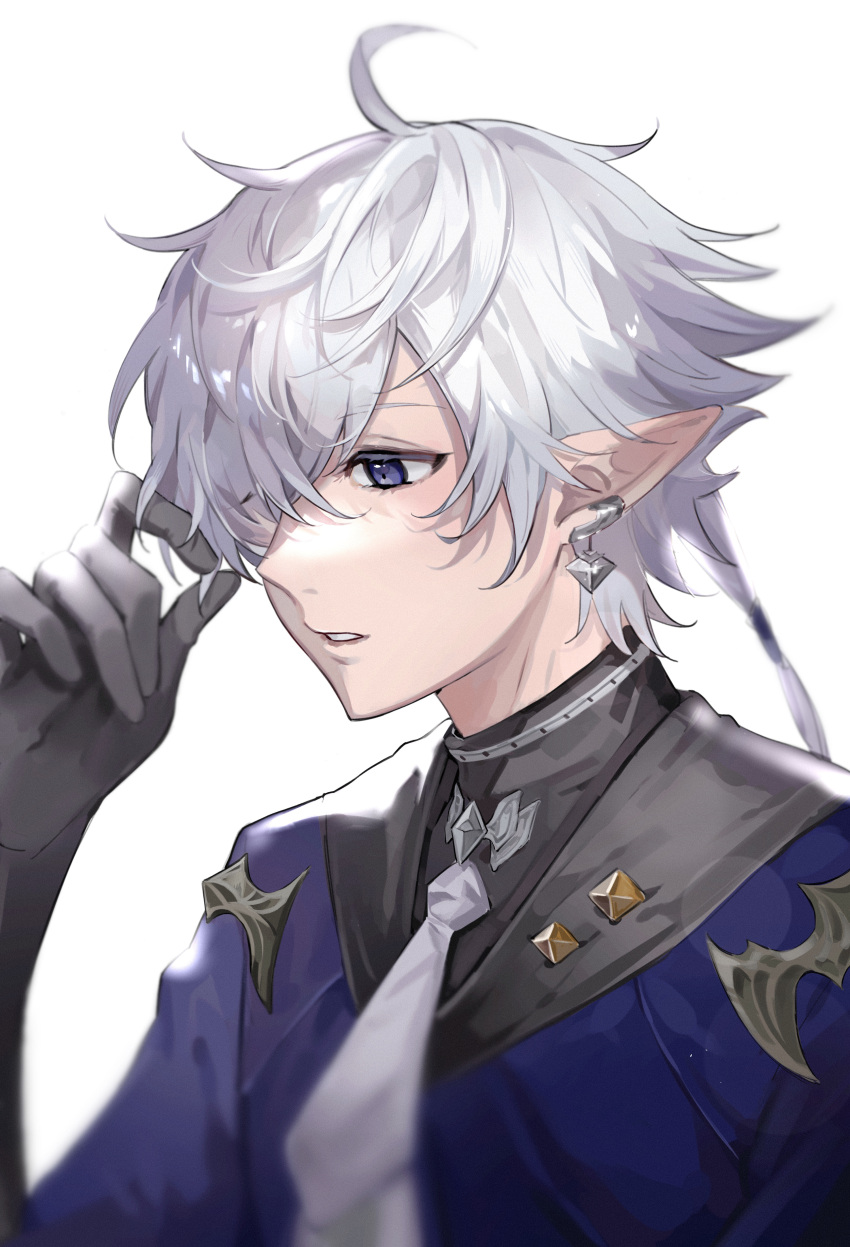 1boy absurdres ahoge alphinaud_leveilleur bangs black_gloves blue_coat blue_eyes coat dongju_azuma earclip earrings elezen elf film_grain final_fantasy final_fantasy_xiv from_side gloves hair_over_one_eye hair_ribbon hand_in_own_hair hand_up highres jewelry looking_ahead low_ponytail male_focus medium_hair necktie parted_lips pointy_ears portrait ribbon simple_background solo swept_bangs turtleneck white_background white_hair white_necktie