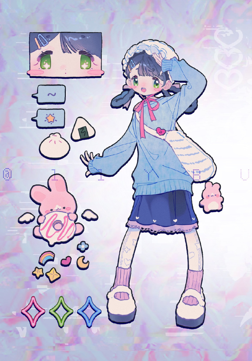 1girl :d arm_up asymmetrical_bangs badge bag bangs blue_flower blue_hair blue_skirt blue_sweater blush_stickers button_badge crescent doughnut dumpling film_grain flower food full_body glitch hair_ornament hair_rings hairclip handbag headwear_request heart heart_background heart_print hidari_(nanmu-left) highres leggings light_blue_background long_hair looking_at_viewer looking_to_the_side mary_janes neck_ribbon onigiri open_hands open_mouth original outstretched_arm pink_ribbon pink_socks platform_footwear rabbit rainbow reference_sheet ribbon salute shoes short_eyebrows sideways_glance skirt sleeves_past_wrists smile socks solo sparkling_eyes speech_bubble standing star_(symbol) star_print sweater tareme teeth thick_outlines twitter_username upper_teeth watermark white_bag white_footwear white_headwear white_leggings