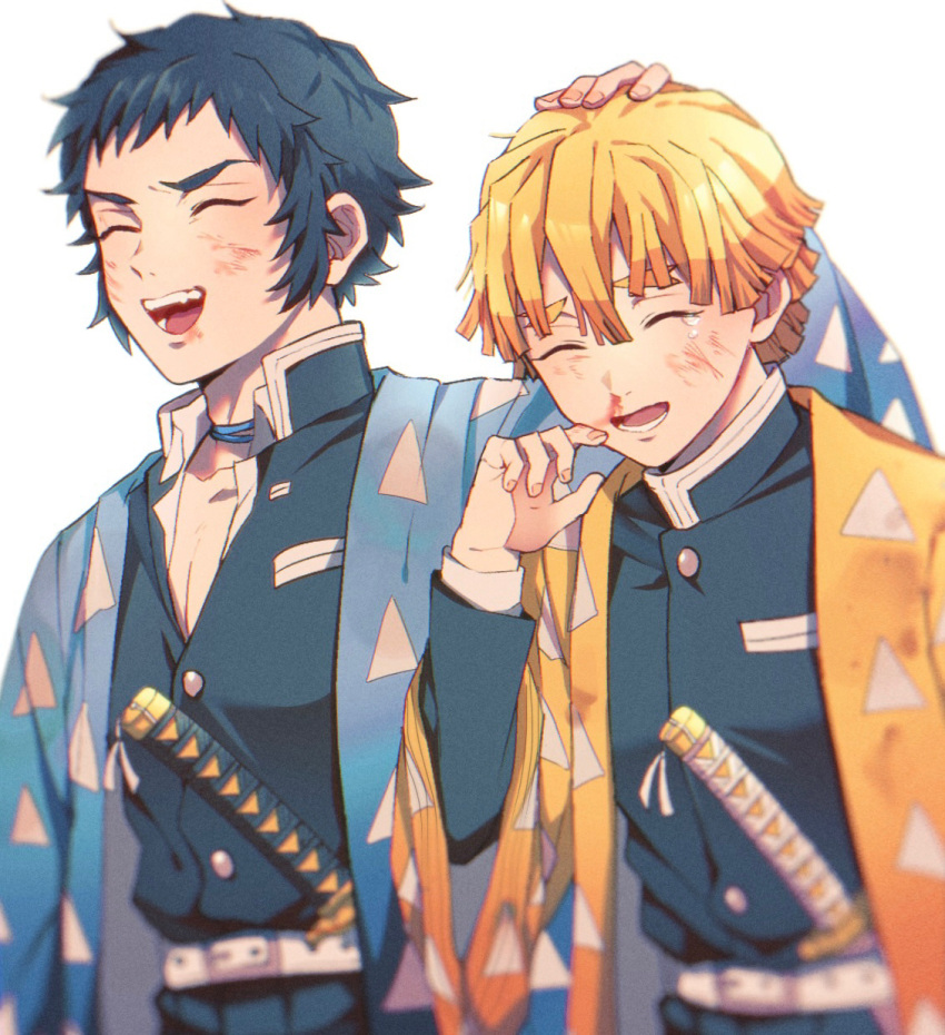 2boys ^_^ agatsuma_zenitsu alternate_universe amata_(pixiv25705097) belt black_hair blonde_hair blood blood_on_face blue_coat blurry bruise bruise_on_face closed_eyes coat colored_tips depth_of_field hand_on_another's_head hand_up happy headpat highres injury kaigaku katana kimetsu_no_yaiba laughing long_sleeves male_focus multicolored_hair multiple_boys nosebleed open_mouth orange_hair short_hair side-by-side sidelocks simple_background streaked_hair sword triangle_print upper_body weapon white_background yellow_coat