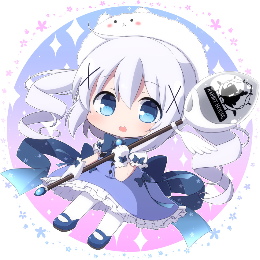 1girl absurdres animal_hat blue_dress blue_eyes blue_footwear chibi commentary_request dress frilled_dress frills full_body gloves gochuumon_wa_usagi_desu_ka? hair_ornament hat highres holding holding_spoon kafuu_chino long_hair looking_at_viewer open_mouth oversized_object pantyhose puffy_short_sleeves puffy_sleeves rensei shirt shoes short_sleeves solo spoon tippy_(gochiusa) twintails very_long_hair white_gloves white_hair white_headwear white_pantyhose white_shirt x_hair_ornament