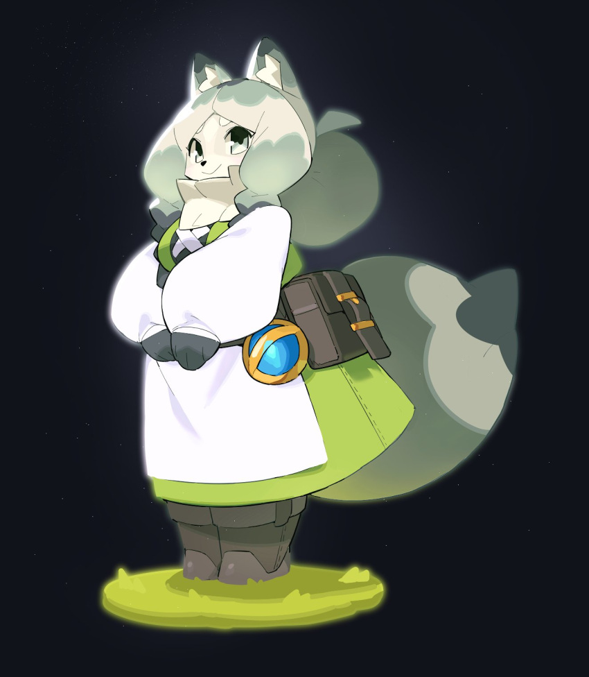 1girl animal_ear_fluff animal_ears animal_nose apron bangs black_background blue_gemstone body_fur boots breasts brown_footwear chinese_commentary closed_mouth commentary_request dress fox_ears fox_girl fox_tail full_body fur_collar furry furry_female gem grass green_dress grey_eyes grey_hair happy highres large_tail legs_together long_hair long_sleeves looking_at_viewer multicolored_hair oraingen original own_hands_together parted_bangs pouch puffy_long_sleeves puffy_sleeves raglan_sleeves sidelocks simple_background small_breasts smile solo standing tail v_arms waist_apron white_apron white_fur white_hair white_sleeves