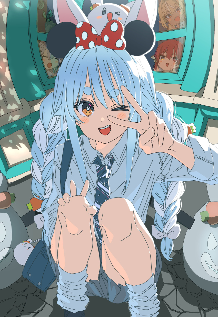 4girls absurdres animal_ears aqua_butterfly bangs bare_legs blue_hair blue_necktie bow braid breasts brown_eyes bug bunny-shaped_pupils butterfly collared_shirt commentary_request floor hair_bow hand_on_own_knee hasu highres hololive houshou_marine indoors long_hair long_sleeves looking_at_viewer looking_through_window loose_necktie loose_socks multicolored_hair multicolored_necktie multiple_girls necktie one_eye_closed open_mouth polka_dot polka_dot_bow rabbit_ears rabbit_girl red_bow school_uniform shiranui_flare shirogane_noel shirt shirt_tucked_in sidelocks sleeves_rolled_up smile socks squatting stone_floor striped_necktie stuffed_animal stuffed_toy symbol-shaped_pupils teeth thighs twin_braids two-tone_hair upper_teeth usada_pekora v very_long_hair virtual_youtuber white_bow white_hair white_necktie white_shirt white_socks window