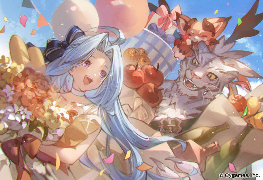 1girl 2others :d ahoge apple blue_eyes blue_hair bottle bouquet box character_request choker confetti copyright cygames dragon fangs flower food fruit gift gift_box granblue_fantasy hair_ribbon highres holding holding_bouquet long_hair looking_at_another lyria_(granblue_fantasy) multiple_others official_art ribbon smile tiger vyrn_(granblue_fantasy) white_choker world_flipper