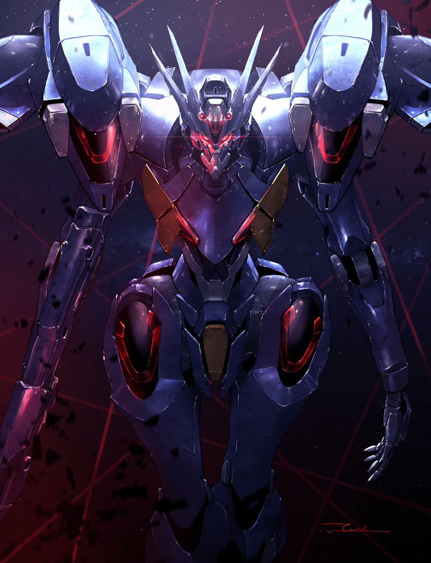 absurdres beam_rifle bit_(gundam) energy_gun glowing glowing_eyes gundam gundam_pharact gundam_suisei_no_majo highres mecha mobile_suit no_humans robot signature solo space taka-f thrusters v-fin weapon