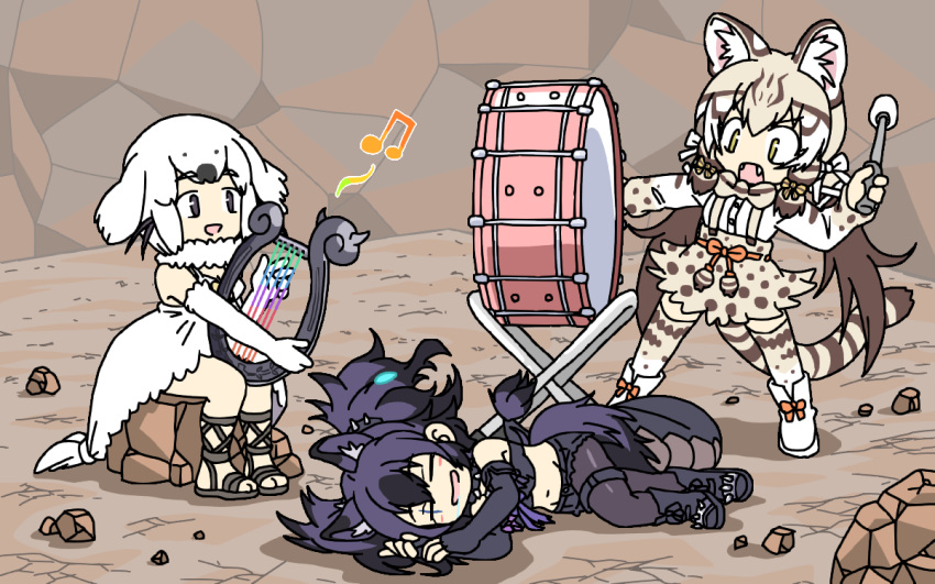 3girls animal_ears black_hair boots bow bowtie brown_eyes brown_hair cat_ears cat_girl cat_tail cerberus_(kemono_friends) chibi closed_eyes dress drum elbow_gloves extra_ears fangs fingerless_gloves full_body geoffroy's_cat_(kemono_friends) gloves harp harp_seal_(kemono_friends) holding holding_instrument instrument kemono_friends legs_apart long_hair looking_at_another lying medium_hair midriff miniskirt multicolored_hair multiple_girls music musical_note navel on_ground on_side open_mouth pantyhose pantyhose_under_shorts playing_instrument purple_hair sandals scar scar_across_eye shirt shoes short_shorts shorts sidelocks sitting skirt sleeping smile srd_(srdsrd01) standing stomach strapless suspender_skirt suspenders tail thigh-highs thigh_strap tube_top twintails two-tone_hair v-shaped_eyebrows very_long_hair white_hair yellow_eyes zettai_ryouiki