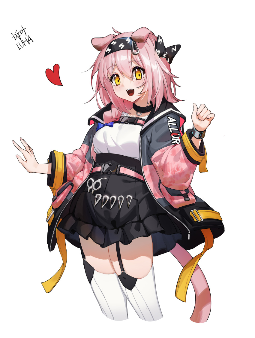 1girl :d absurdres animal_ears arknights bangs black_bracelet black_hairband black_skirt blue_bow bow braid cat_ears cat_girl cat_tail coat floppy_ears garter_straps goldenglow_(arknights) hairband hands_up heart highres id_card jacket lightning_bolt_print long_hair open_mouth pink_coat pink_hair pink_jacket print_hairband scissors scottish_fold shirt simple_background single_braid skirt smile solo standing suye tail thigh-highs two-tone_coat white_background white_shirt yellow_eyes