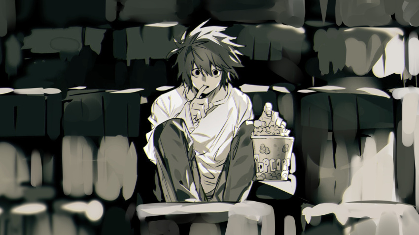 1boy black_hair death_note finger_in_own_mouth food greyscale hair_between_eyes highres indoors l_(death_note) long_sleeves male_focus monochrome movie_theater popcorn shirt short_hair sitting sleeves_past_wrists solo spiky_hair white_shirt wide-eyed xi_luo_an_ya