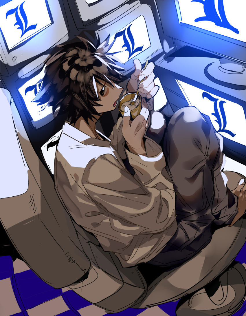 1boy absurdres barefoot black_eyes black_hair character_name checkered_floor cup death_note eating full_body grey_pants hair_between_eyes highres holding holding_cup holding_spoon indoors l_(death_note) long_sleeves looking_at_viewer looking_back male_focus no_eyebrows open_mouth pants shirt short_hair sitting solo spiky_hair spoon swivel_chair television white_shirt xi_luo_an_ya