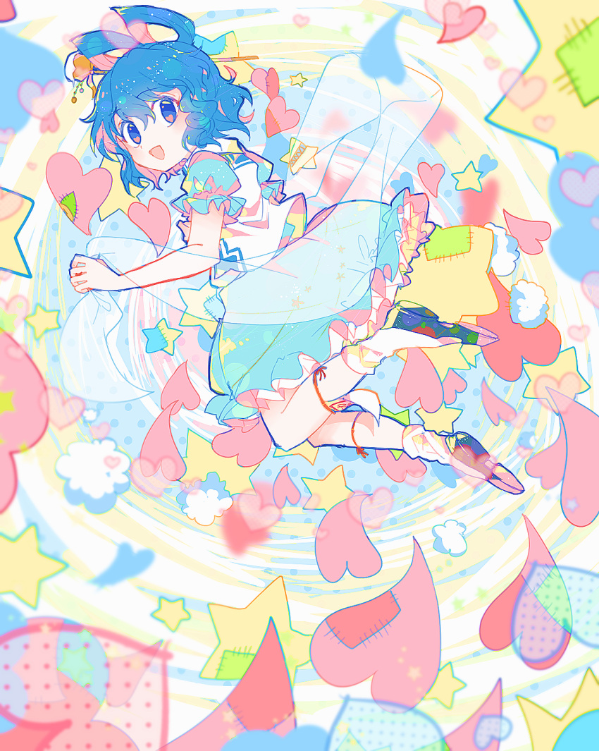 1girl black_footwear blue_dress blue_eyes blue_hair blush dress frilled_sleeves frills full_body hagoromo hair_ornament hair_rings hair_stick heart highres itomugi-kun kaku_seiga open_mouth shawl shoes short_hair short_sleeves smile socks solo star_(symbol) touhou white_socks