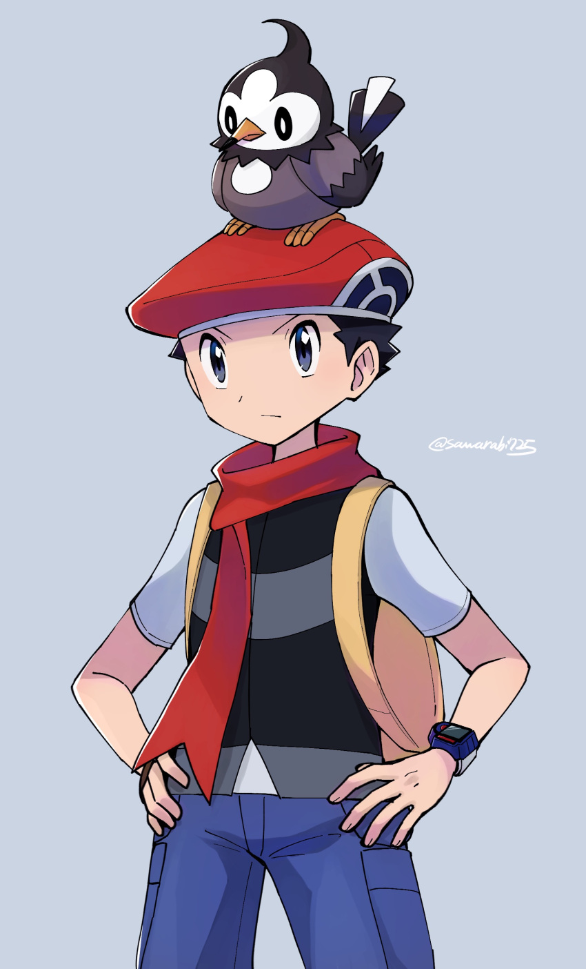 1boy absurdres black_eyes black_hair black_vest blue_pants closed_mouth grey_background hands_on_hips hat highres lucas_(pokemon) male_focus on_head pants poke_ball_print pokemon pokemon_(creature) pokemon_(game) pokemon_dppt pokemon_on_head print_headwear red_headwear red_scarf sawarabi_(sawarabi725) scarf short_hair short_sleeves simple_background solo starly twitter_username vest white_sleeves