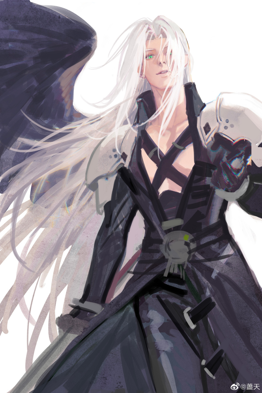1boy absurdres armor bangs black_gloves black_wings chinese_commentary final_fantasy final_fantasy_vii final_fantasy_vii_remake gloves green_eyes highres katana long_coat long_hair looking_at_viewer pauldrons shoulder_armor simple_background single_wing slit_pupils solo sword weapon white_background white_hair wings xianyu314