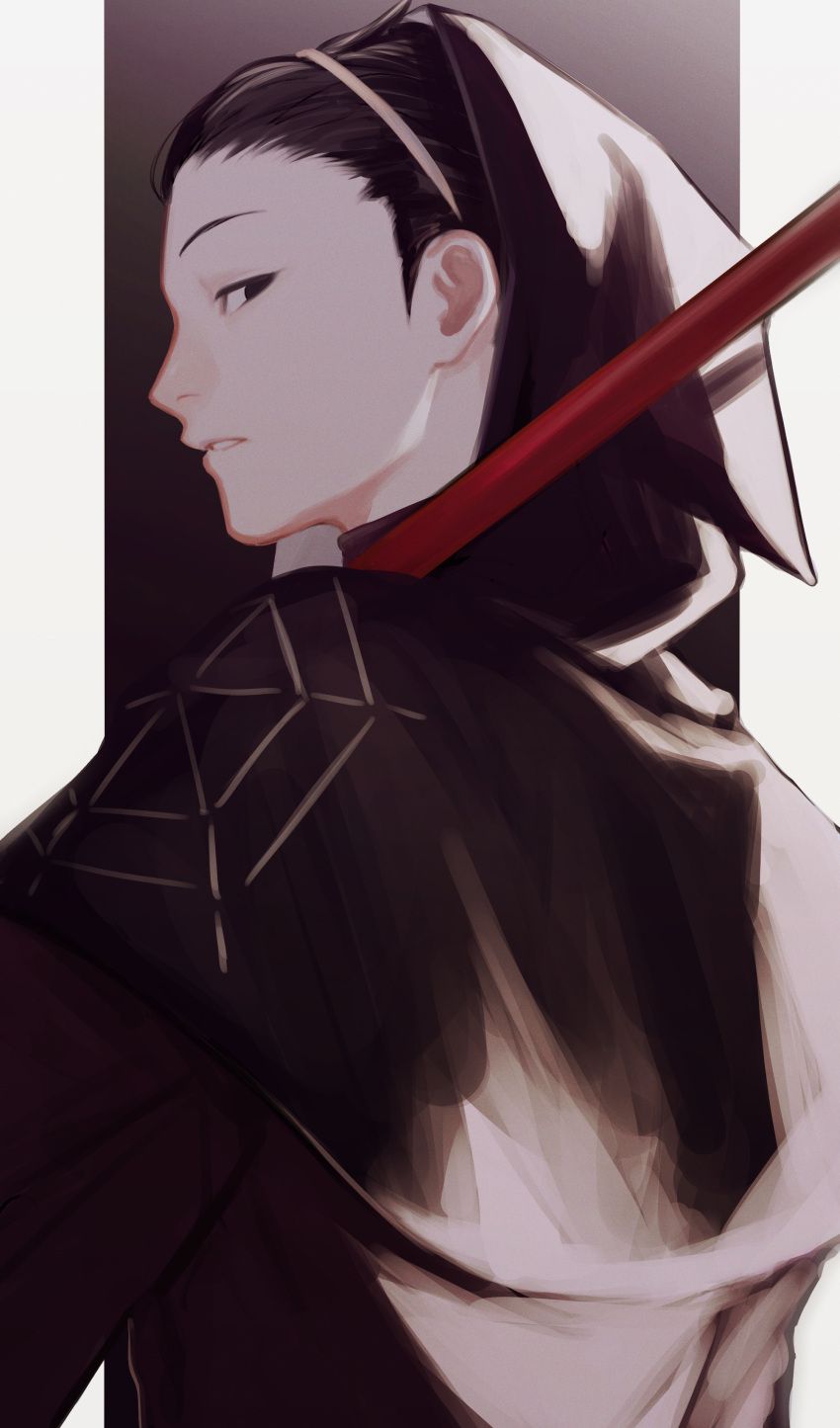 1boy absurdres alternate_costume black_hair capelet carrying_over_shoulder from_behind hair_slicked_back hairband highres hood hood_up hooded_capelet long_sleeves looking_at_viewer male_focus nennen_(pixiv14003276) parted_lips polearm sideways_glance solo upper_body weapon world_trigger yoneya_yousuke