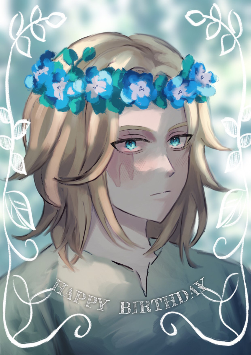 1girl blonde_hair blue_eyes flower happy_birthday head_wreath highres hild_(vinland_saga) portrait scar serious short_hair user_acgj7373 vinland_saga