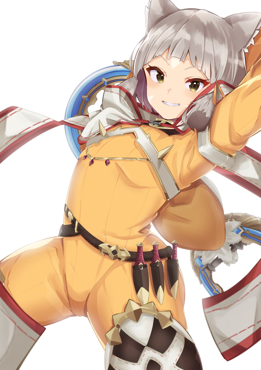 1girl :d absurdres animal_ears bangs brown_eyes brown_hair cat_ears cat_girl chakram dagger facepaint grin h-yasui highres holding holding_weapon jumpsuit knife nia_(xenoblade) sheath sheathed short_hair simple_background smile solo teeth weapon white_background xenoblade_chronicles_(series) xenoblade_chronicles_2 yellow_jumpsuit