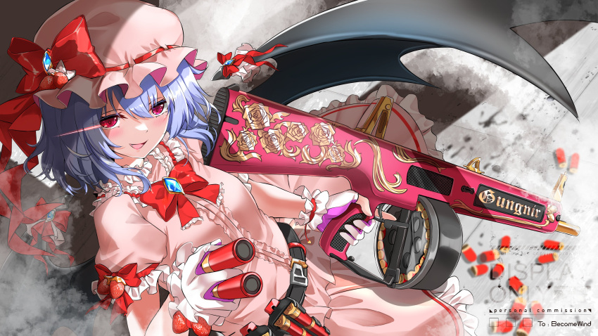 1girl :d absurdres bat_wings black_wings blue_hair bow bowtie bullet commission fatkewell gun hat hat_ribbon highres holding holding_gun holding_weapon looking_at_viewer mob_cap open_mouth pink_headwear pink_shirt red_bow red_bowtie red_eyes red_ribbon remilia_scarlet ribbon second-party_source shirt short_hair short_sleeves smile solo touhou weapon wings