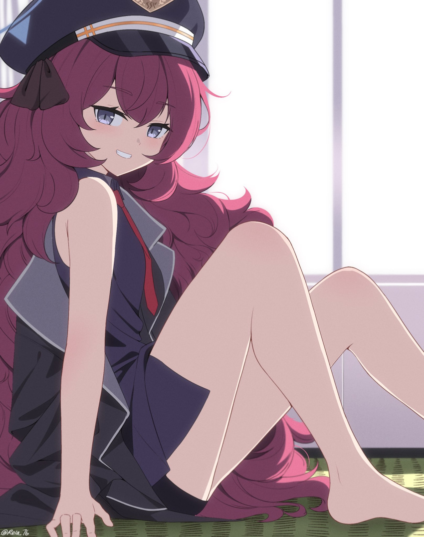 1girl bare_legs barefoot blue_archive blush breasts feet floor foot_out_of_frame highres iroha_(blue_archive) jacket legs long_hair long_legs looking_at_viewer necktie purple_hair reia_76 school_uniform sitting sleeveless small_breasts solo white_background window