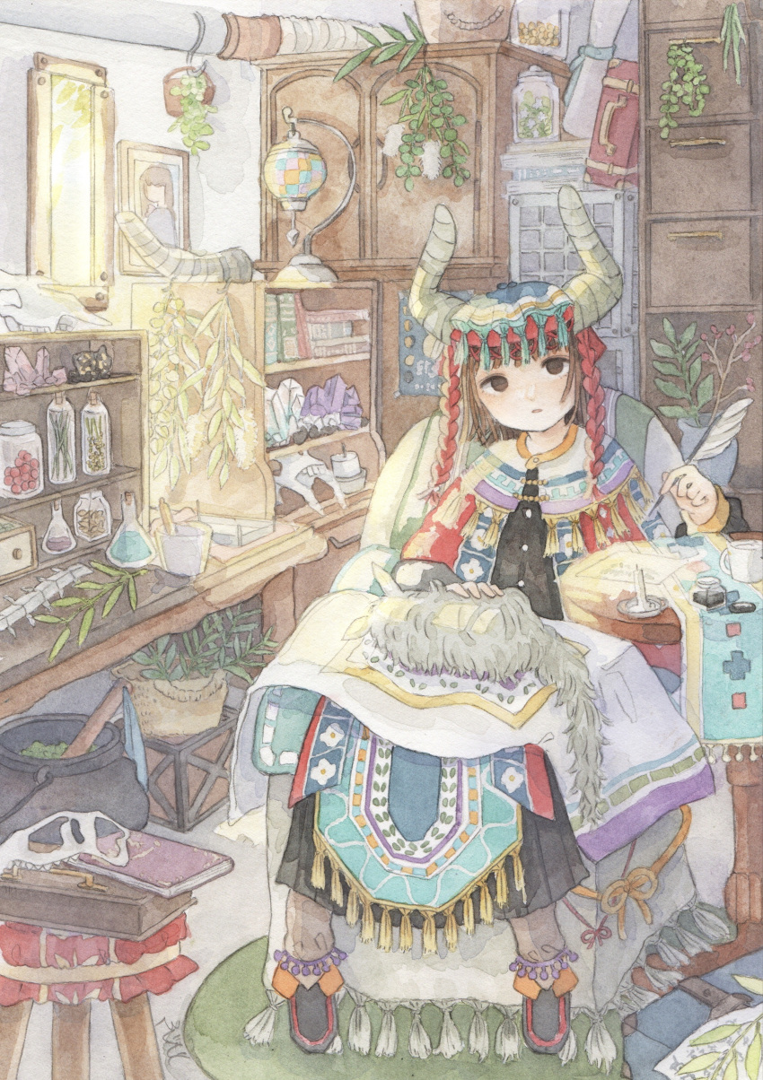 1girl absurdres animal_skull bangs black_eyes book bookshelf braid brown_hair cabinet cat cauldron crystal fujitoma gem highres holding holding_quill horns ink jar loaded_interior original painting_(medium) painting_(object) plant potion quill rock short_hair sitting spine stool suitcase table tassel traditional_clothes traditional_media watercolor_(medium) window