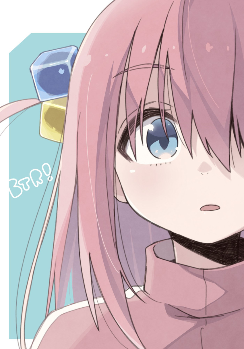 1girl blue_eyes blush bocchi_the_rock! close-up cube_hair_ornament gotou_hitori hair_between_eyes hair_ornament highres icon_315 jacket long_hair looking_at_viewer one_side_up parted_lips pink_hair pink_jacket solo track_jacket two-tone_background