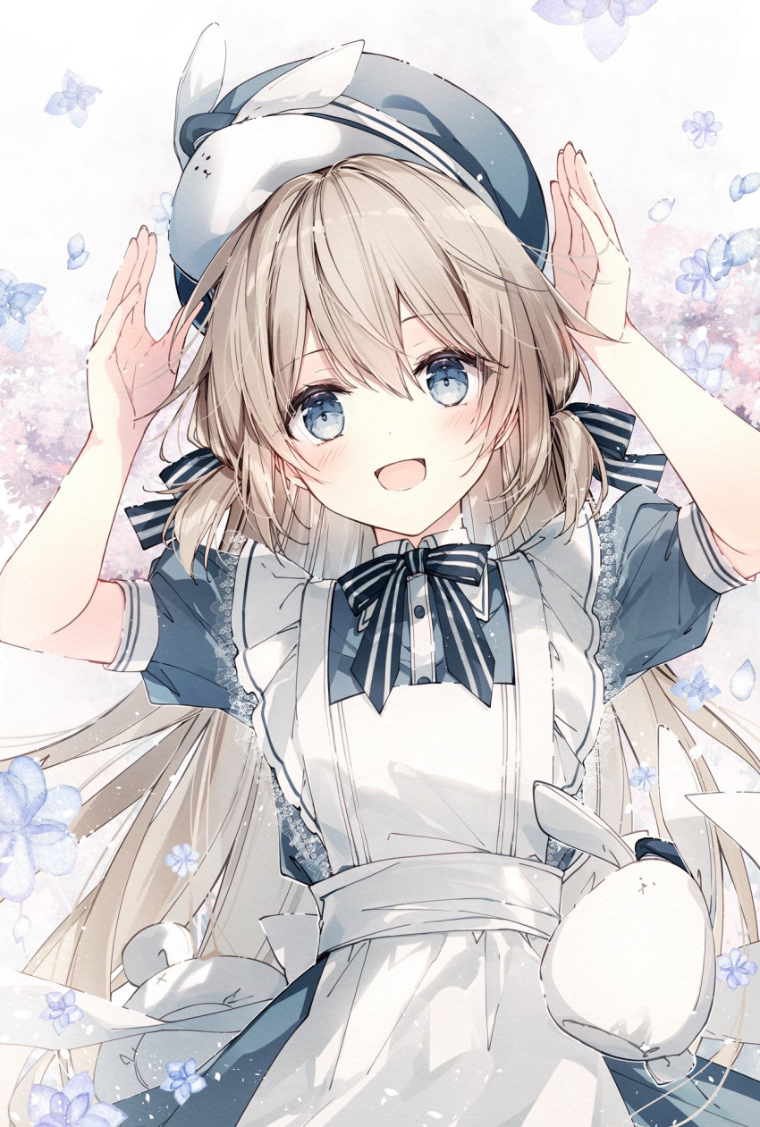 1girl :d animal animal_on_head apron arms_up bangs beret black_bow blue_dress blue_eyes blue_headwear bow brown_hair collared_dress commentary dress frilled_apron frills hair_between_eyes hat highres long_hair looking_at_viewer mochizuki_shiina on_head original puffy_short_sleeves puffy_sleeves rabbit short_sleeves smile solo striped striped_bow symbol-only_commentary very_long_hair white_apron