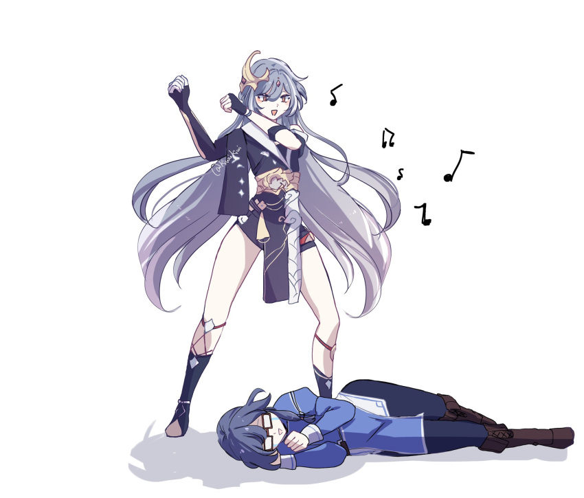 2girls asymmetrical_clothes chads_dancing_to_california_gurls_(meme) commentary crying dancing dual_persona fingerless_gloves fu_hua_(herrscher_of_sentience) fu_hua_(valkyrie_accipiter) glasses gloves grey_hair hair_ornament highres honkai_(series) honkai_impact_3rd kiwuikiwi long_hair long_sleeves lying meme multiple_girls musical_note on_side opaque_glasses open_mouth red_eyes shadow very_long_hair