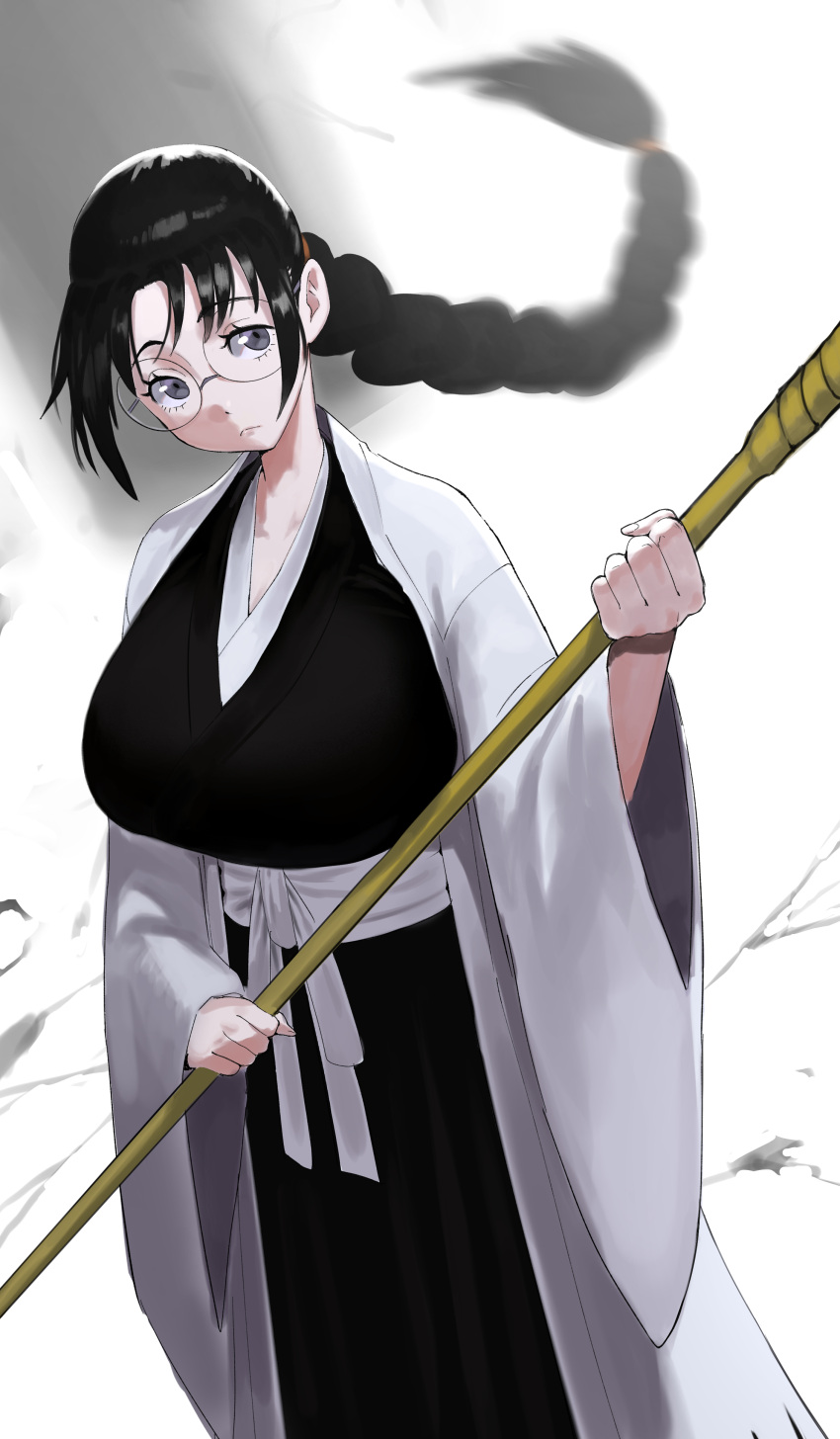 1girl absurdres black_hair bleach:_the_thousand-year_blood_war braid breasts closed_mouth glasses grey_eyes hakama haori highres holding holding_weapon huge_breasts japanese_clothes katoribatsu_unsai kimono long_hair single_braid solo unknownid very_long_hair weapon wide_sleeves
