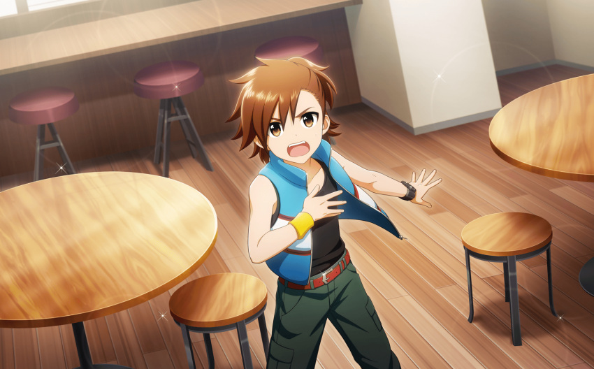 1boy belt black_shirt black_tank_top brown_eyes brown_hair chair fingernails glint highres idolmaster idolmaster_side-m idolmaster_side-m_live_on_stage! indoors jacket looking_at_viewer male_child male_focus official_art open_clothes open_jacket open_mouth pants pocket shirt sleeveless sleeveless_jacket solo table tachibana_shiro_(idolmaster) tank_top teeth third-party_source unzipped upper_teeth watch wooden_floor
