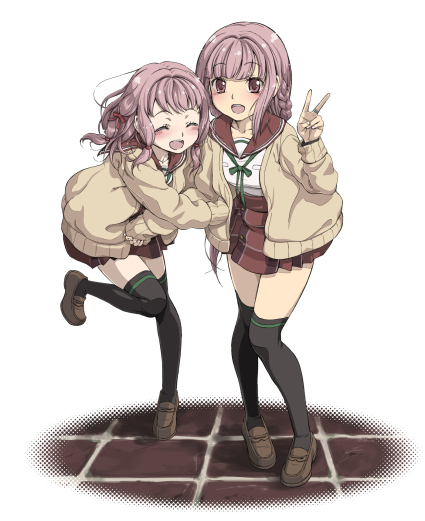 2girls :d arm_hug bangs black_thighhighs blunt_bangs blush braid breast_pocket brown_footwear cardigan closed_eyes full_body green_ribbon hair_ribbon highres jewelry kamihama_university_affiliated_school_uniform knees_together_feet_apart leg_up loafers long_hair long_sleeves looking_at_viewer low_ponytail magia_record:_mahou_shoujo_madoka_magica_gaiden mahou_shoujo_madoka_magica medium_hair miniskirt multi-tied_hair multiple_girls neck_ribbon open_cardigan open_clothes open_mouth pink_eyes pink_hair plaid plaid_skirt pleated_skirt pocket red_ribbon red_sailor_collar red_skirt ribbon ring sailor_collar school_uniform serafuku shirt shoes siblings side_braids sidelocks simple_background sisters skirt smile tamaki_iroha tamaki_ui thigh-highs v very_long_hair white_background white_shirt yellow_cardigan you2 zettai_ryouiki