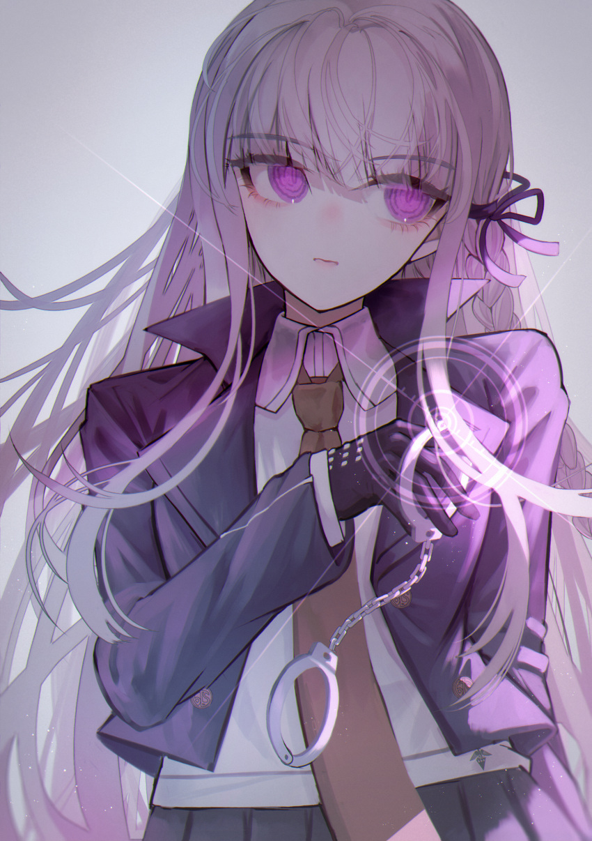 1girl absurdres arm_at_side bangs black_gloves blunt_bangs braid brown_necktie closed_mouth collared_shirt cuffs danganronpa:_trigger_happy_havoc danganronpa_(series) gloves gradient gradient_background grey_background grey_hair hair_ribbon hand_up handcuffs highres holding holding_handcuffs jacket kirigiri_kyouko long_hair long_sleeves necktie open_clothes open_jacket pleated_skirt ribbon shirt side_braid sideways_glance skirt solo violet_eyes wny_(wnys_art)