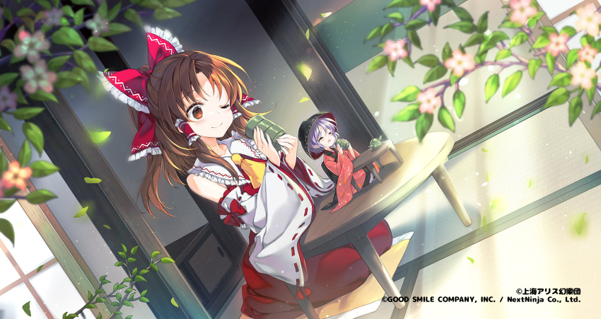 2girls :o ;) =_= ascot black_headwear bow bowl bowl_hat brown_eyes brown_hair closed_eyes commentary_request cup detached_sleeves dress dutch_angle flower hair_bow hair_tubes hakurei_reimu hat highres holding indoors japanese_clothes juna kimono leaf long_sleeves multiple_girls official_art one_eye_closed outdoors plant purple_hair red_bow red_dress ribbon-trimmed_sleeves ribbon_trim seiza short_hair sitting smile sukuna_shinmyoumaru sunlight table tatami tea teacup teapot touhou touhou_lost_word yellow_ascot