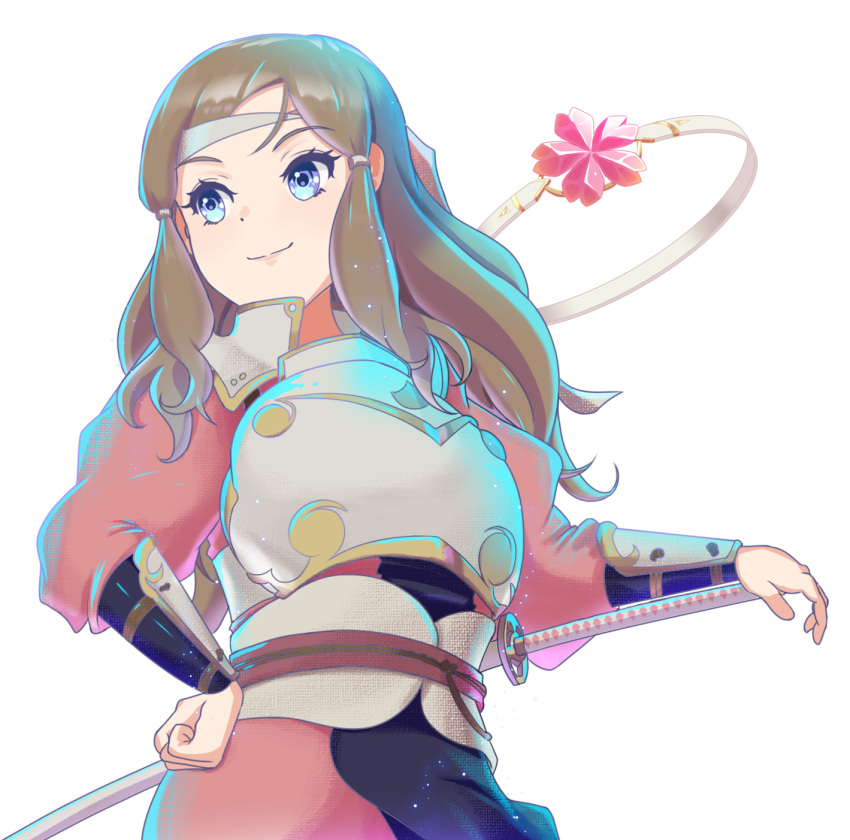 1girl arm_guards armor blue_eyes breastplate brown_hair fire_emblem fire_emblem_engage fire_emblem_fates from_below hair_tie hana_(fire_emblem) headband highres jewelry katana keldancon long_hair looking_to_the_side ring smile solo sword weapon