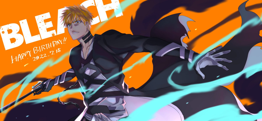 1boy 21_isbivm bleach brown_eyes copyright_name english_text gloves highres holding holding_sword holding_weapon kurosaki_ichigo long_sleeves looking_at_viewer male_focus orange_background orange_hair parted_lips short_hair solo standing sword teeth upper_body weapon