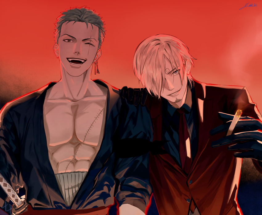 2boys blonde_hair cigarette collared_shirt curly_eyebrows facial_hair goatee green_hair hair_over_one_eye hand_on_another's_shoulder highres holding holding_cigarette japanese_clothes kimono kotomine_(a1569) large_pectorals leaning_on_person looking_at_viewer loose_necktie male_focus multiple_boys necktie one_piece partially_unbuttoned pectoral_cleavage pectorals roronoa_zoro sanji_(one_piece) scar scar_across_eye shirt short_hair smile upper_body
