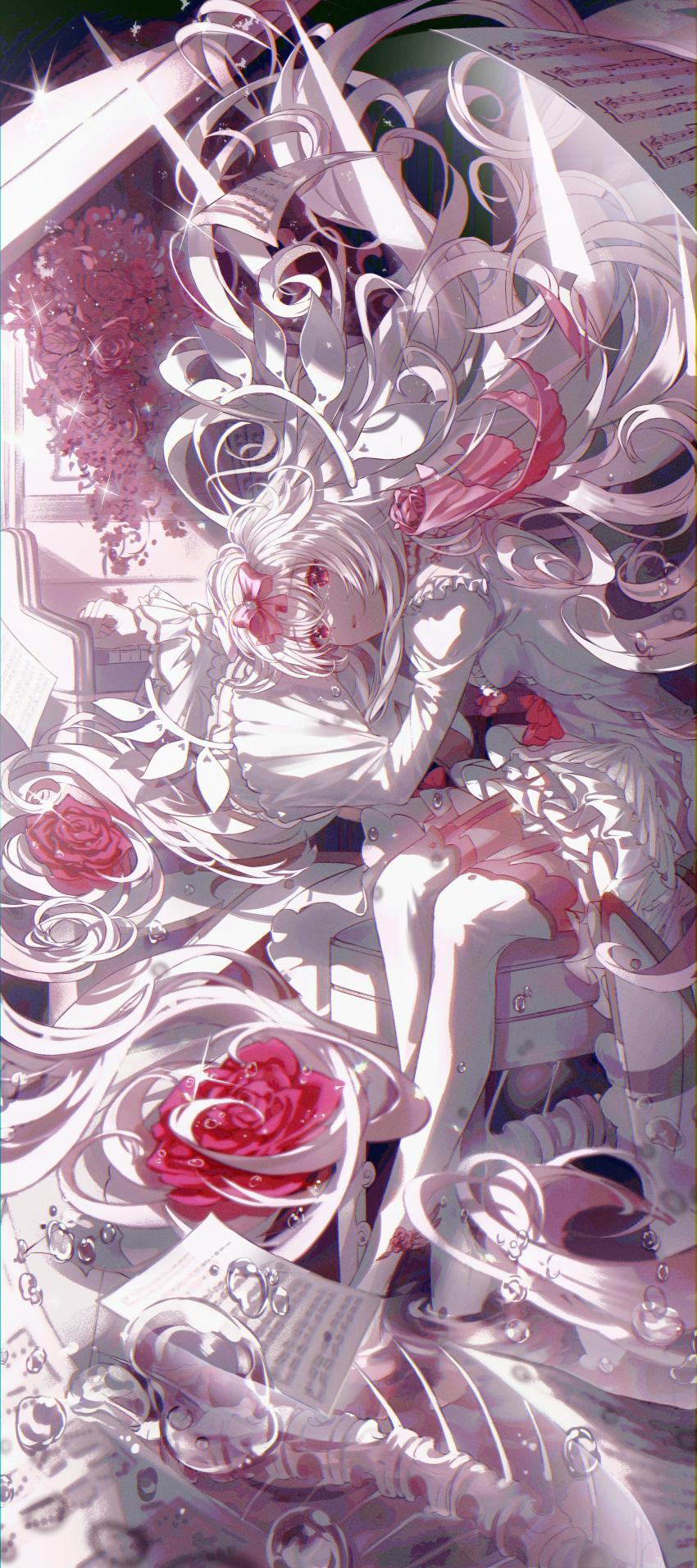 1girl absurdres arcaea bangs bow bubble dress flower full_body hair_bow hair_ornament highres hikari_(arcaea) instrument long_hair long_sleeves looking_at_viewer paper parted_lips piano pink_bow pink_garter_straps red_eyes sheet_music sitting siyrgr smile solo thigh-highs very_long_hair white_dress white_hair white_thighhighs