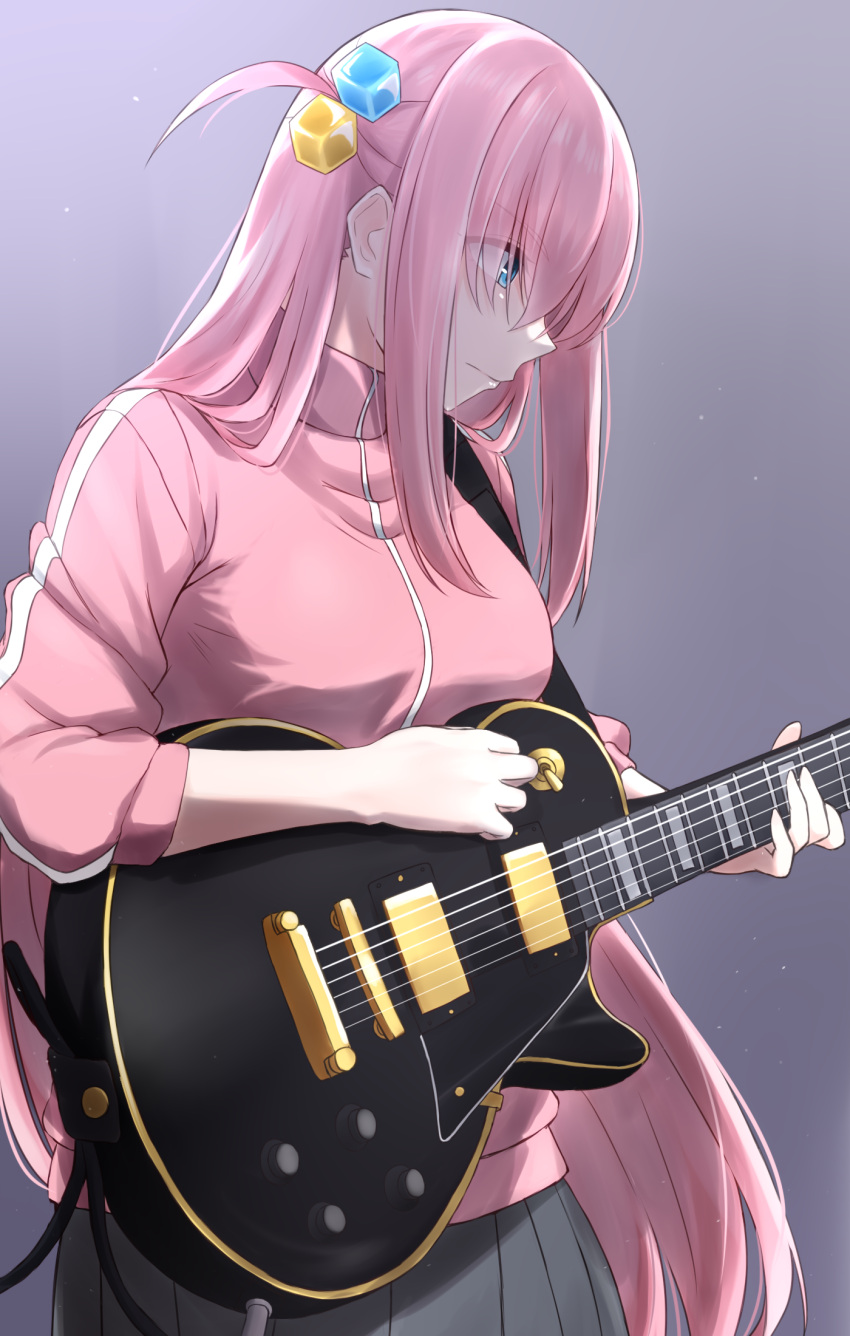 1girl blue_eyes bocchi_the_rock! breasts cable closed_mouth commentary_request cowboy_shot cube_hair_ornament electric_guitar gibson_les_paul gotou_hitori grey_skirt guitar hair_ornament hair_over_eyes high_collar highres ibuki_eisen instrument jacket long_hair long_sleeves medium_breasts music pink_hair pink_jacket playing_instrument pleated_skirt skirt solo track_jacket