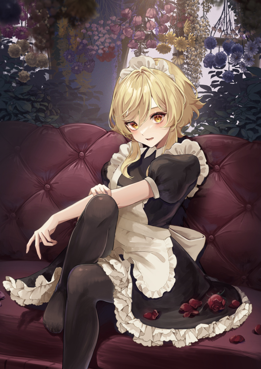 1girl absurdres bent_knees blonde_hair flower genshin_impact highres kodama_(koda_mat) lumine_(genshin_impact) maid maid_headdress pantyhose red_flower red_rose rose short_hair sitting_on_couch yellow_eyes