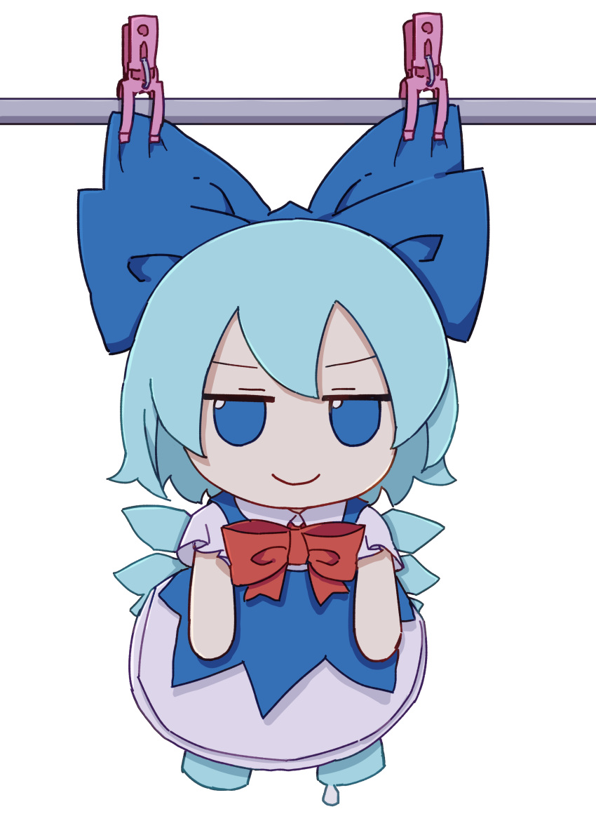 1girl absurdres blue_bow blue_dress blue_eyes blue_hair bow cirno closed_mouth collared_shirt dress fairy full_body fumo_(doll) hair_between_eyes hair_bow highres ice ice_wings kame_(kamepan44231) shirt short_hair short_sleeves simple_background smile solo touhou white_background white_shirt wings