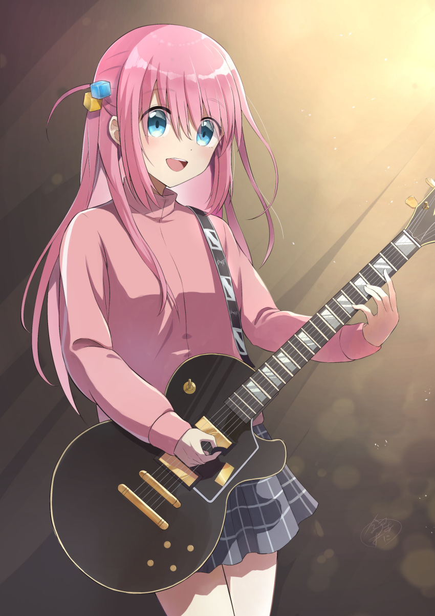 1girl bangs blue_eyes bocchi_the_rock! commentary_request cowboy_shot cube_hair_ornament electric_guitar gibson_les_paul gotou_hitori grey_skirt guitar hair_between_eyes hair_ornament high_collar highres instrument jacket kashiiyou long_hair long_sleeves looking_at_viewer music open_mouth pink_hair pink_jacket plaid plaid_skirt playing_instrument pleated_skirt skirt smile solo teeth track_jacket upper_teeth