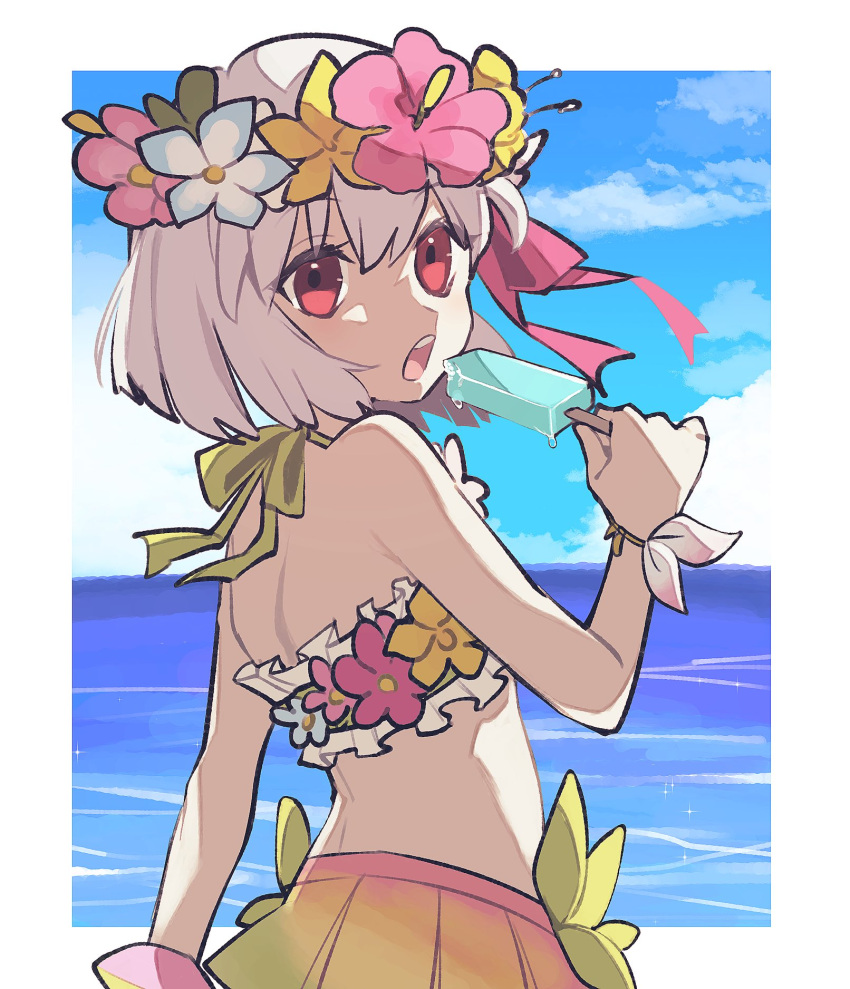 1girl bikini bikini_skirt bob_cut bracelet fate/grand_order fate_(series) flower_bikini food from_behind hair_ribbon head_wreath highres jewelry kama_(fate) kama_(swimsuit_avenger)_(fate) kama_(swimsuit_avenger)_(first_ascension)_(fate) kimidorix32 looking_back ocean popsicle red_eyes ribbon swimsuit white_hair