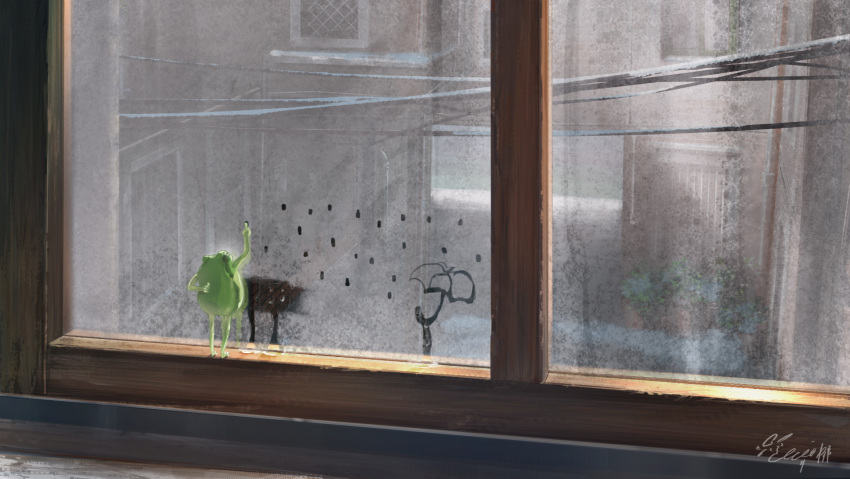 animal animal_focus arm_behind_back arm_up fantasy frog hachiya_shohei highres indoors no_humans original power_lines scenery standing window