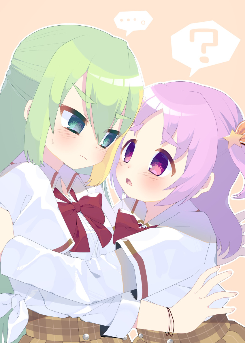 2girls ? absurdres alina_gray amane_hikari bangs blunt_ends bow bowtie brown_skirt green_hair hair_between_eyes highres layered_sleeves long_hair long_sleeves looking_at_another magia_record:_mahou_shoujo_madoka_magica_gaiden mahou_shoujo_madoka_magica medium_hair misono_karin multicolored_hair multiple_girls open_mouth parted_bangs parted_hair plaid plaid_skirt purple_hair red_bow red_bowtie sakae_general_school_uniform school_uniform shirt short_over_long_sleeves short_sleeves sidelocks skirt sleeve_cuffs straight_hair streaked_hair two_side_up very_long_hair violet_eyes white_shirt wing_collar