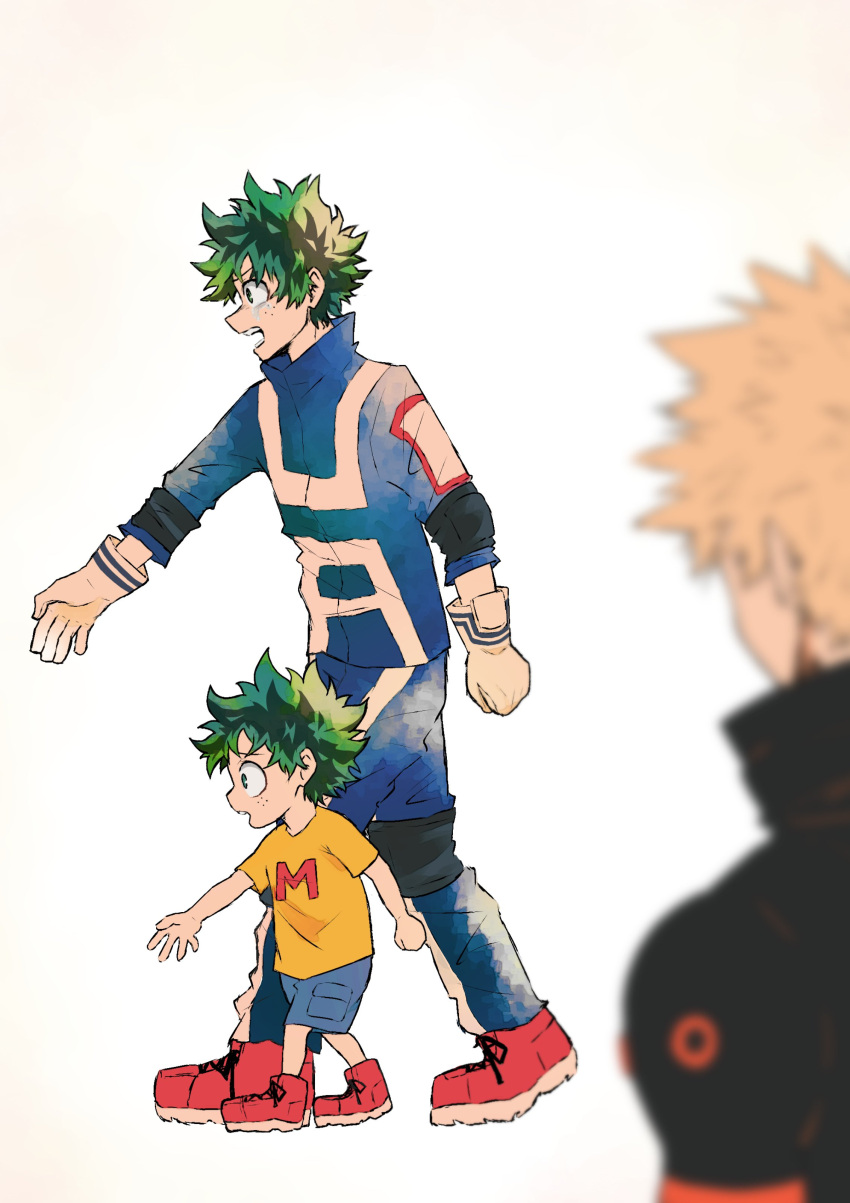 3boys absurdres aged_down bakugou_katsuki blonde_hair blue_pants blue_shorts blue_track_suit blurry blurry_foreground boku_no_hero_academia clenched_hand cross-laced_footwear crying freckles from_behind from_side gloves green_eyes green_hair high_collar highres kkkkkn31 looking_at_another looking_to_the_side male_child male_focus midoriya_izuku multiple_boys open_hand open_mouth outstretched_arm outstretched_hand pants profile red_footwear shirt short_sleeves shorts simple_background spiky_hair tears track_suit u.a._gym_uniform walking white_background white_gloves yellow_shirt