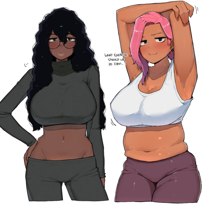 2girls armpits black_hair blue_eyes blush broccoli_(ohasi) crop_top dark-skinned_female dark_skin english_text glasses long_hair looking_at_viewer midriff multiple_girls navel ohasi original pink_(ohasi) pink_hair plump short_hair simple_background sleeveless stretching sweat turtleneck very_dark_skin very_long_hair white_background