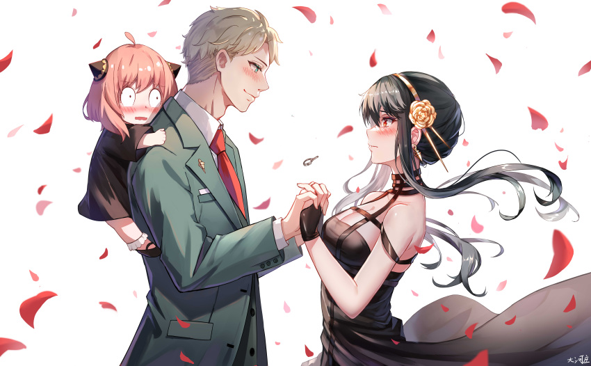 1boy 2girls absurdres anya_(spy_x_family) bangs belt black_gloves black_hair blonde_hair blue_eyes blush breasts dahe_zhuang_(yishi_fanhua) dress falling_petals family fingerless_gloves formal gloves hair_between_eyes highres holding_hands long_hair looking_at_another multiple_girls necktie off-shoulder_dress off_shoulder open_mouth petals pink_hair red_eyes short_hair smile spy_x_family suit twilight_(spy_x_family) white_background yor_briar